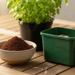 Marc de café séché dans une tasse posée à côté d'un pot de plante et d'un bac à compost