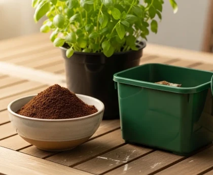 Marc de café séché dans une tasse posée à côté d'un pot de plante et d'un bac à compost