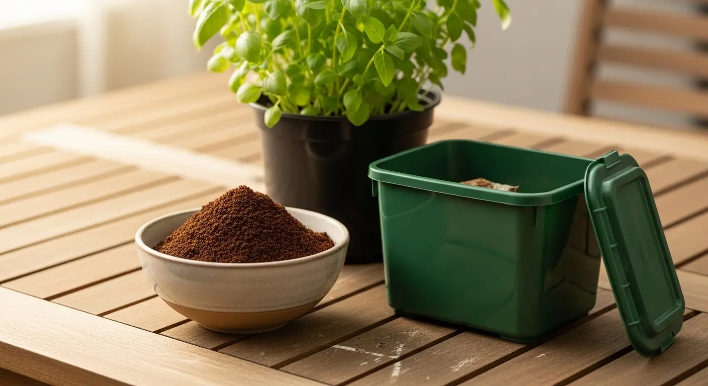 Marc de café séché dans une tasse posée à côté d'un pot de plante et d'un bac à compost