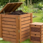 Matériel pour faire ses engrais maison : composteur en bois ouvert et lombricomposteur à plateaux dans un coin de jardin