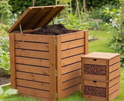 Matériel pour faire ses engrais maison : composteur en bois ouvert et lombricomposteur à plateaux dans un coin de jardin