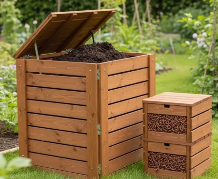 Matériel pour faire ses engrais maison : composteur en bois ouvert et lombricomposteur à plateaux dans un coin de jardin
