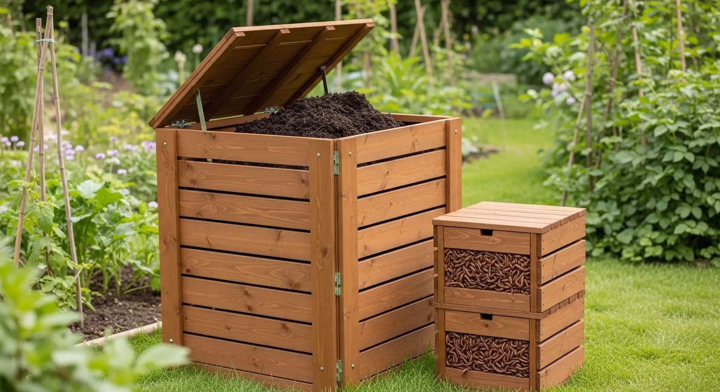 Matériel pour faire ses engrais maison : composteur en bois ouvert et lombricomposteur à plateaux dans un coin de jardin