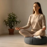 Coussin de méditation zafu et tapis de yoga dans un coin calme d'un appartement lumineux