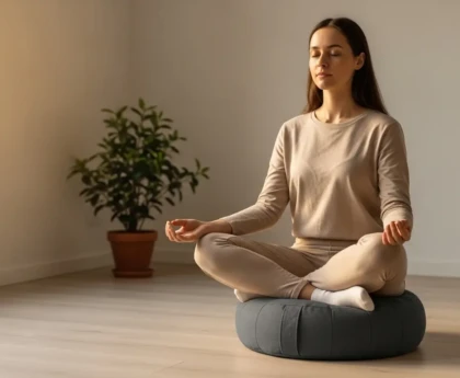 Coussin de méditation zafu et tapis de yoga dans un coin calme d'un appartement lumineux