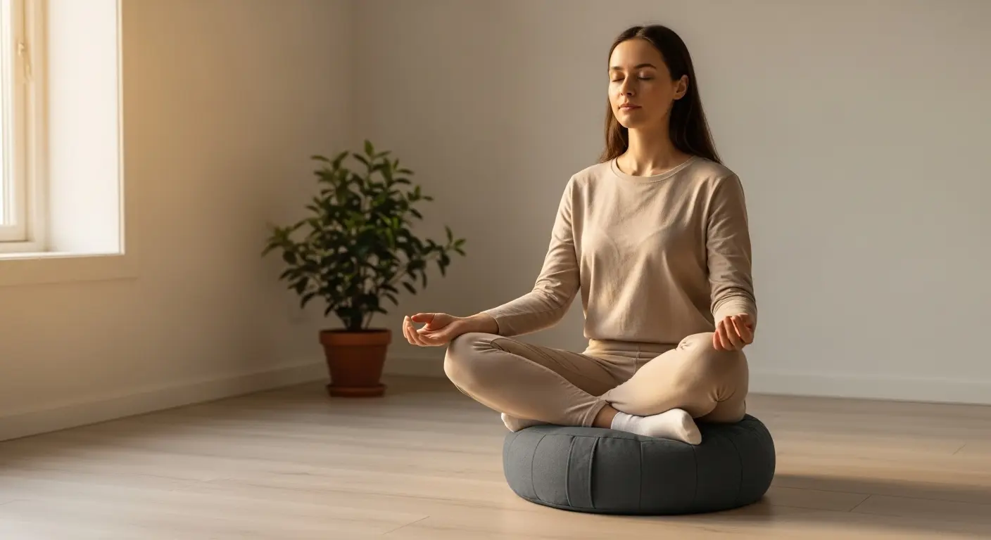 Coussin de méditation zafu et tapis de yoga dans un coin calme d'un appartement lumineux
