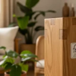 meuble en bois massif certifié FSC dans un salon naturel avec étiquette label FSC visible
