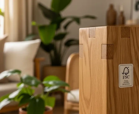 meuble en bois massif certifié FSC dans un salon naturel avec étiquette label FSC visible