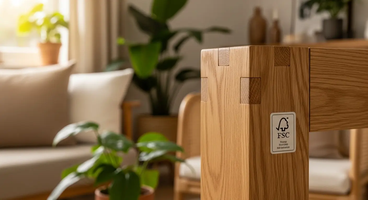 meuble en bois massif certifié FSC dans un salon naturel avec étiquette label FSC visible