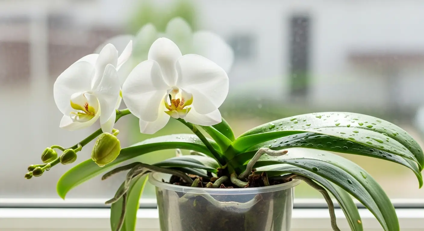 Orchidée Phalaenopsis avec une nouvelle tige florale verte qui pousse, posée sur un rebord de fenêtre