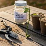 outillage de bouturage d'automne avec sécateur inox, godets biodégradables et hormone de bouturage sur table de jardin
