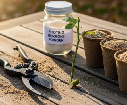 outillage de bouturage d'automne avec sécateur inox, godets biodégradables et hormone de bouturage sur table de jardin