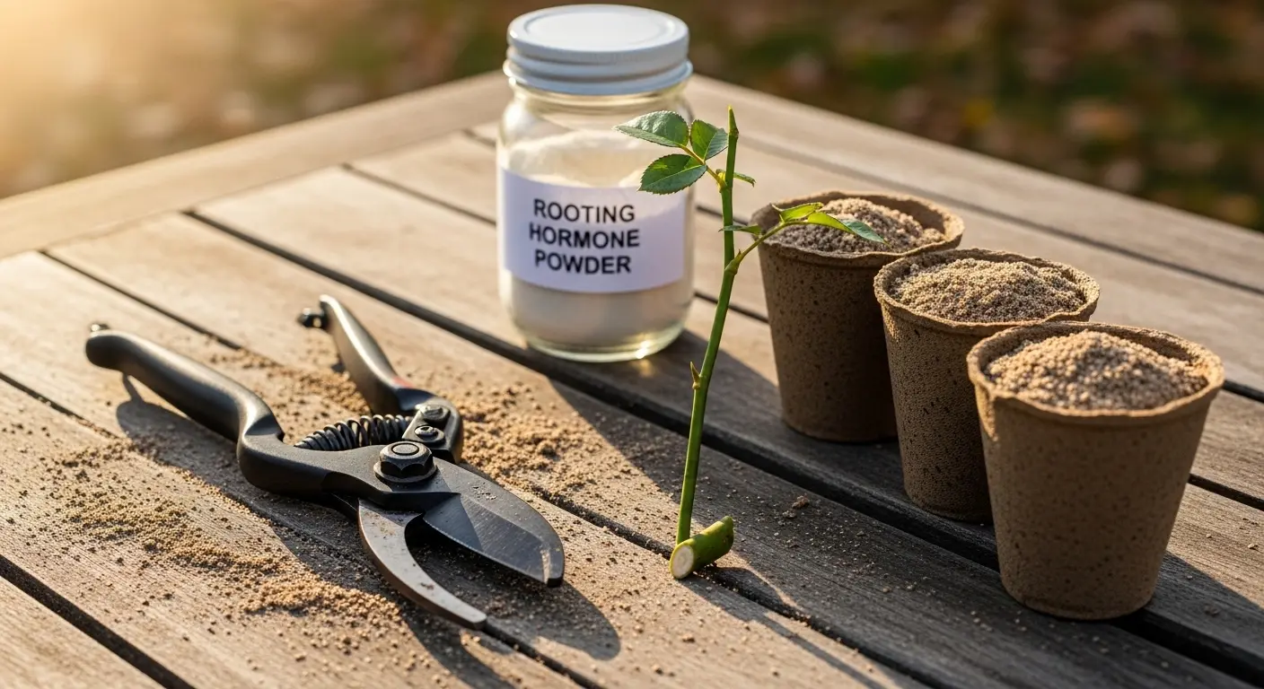 outillage de bouturage d'automne avec sécateur inox, godets biodégradables et hormone de bouturage sur table de jardin