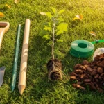 matériel pour planter un arbre fruitier : bêche, tuteur en bois, paillis et collier d'arbre dans un jardin d'automne