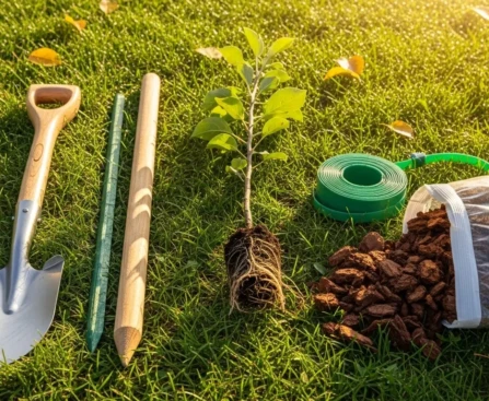 matériel pour planter un arbre fruitier : bêche, tuteur en bois, paillis et collier d'arbre dans un jardin d'automne