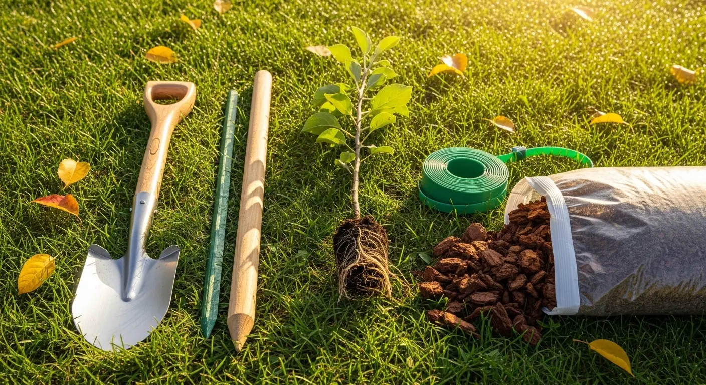 matériel pour planter un arbre fruitier : bêche, tuteur en bois, paillis et collier d'arbre dans un jardin d'automne