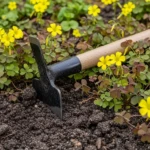 Outils pour éliminer les oxalis : serfouette à bec étroit et désherbeur thermique posés sur le sol d'un jardin envahi d'oxalis
