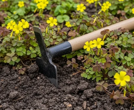 Outils pour éliminer les oxalis : serfouette à bec étroit et désherbeur thermique posés sur le sol d'un jardin envahi d'oxalis