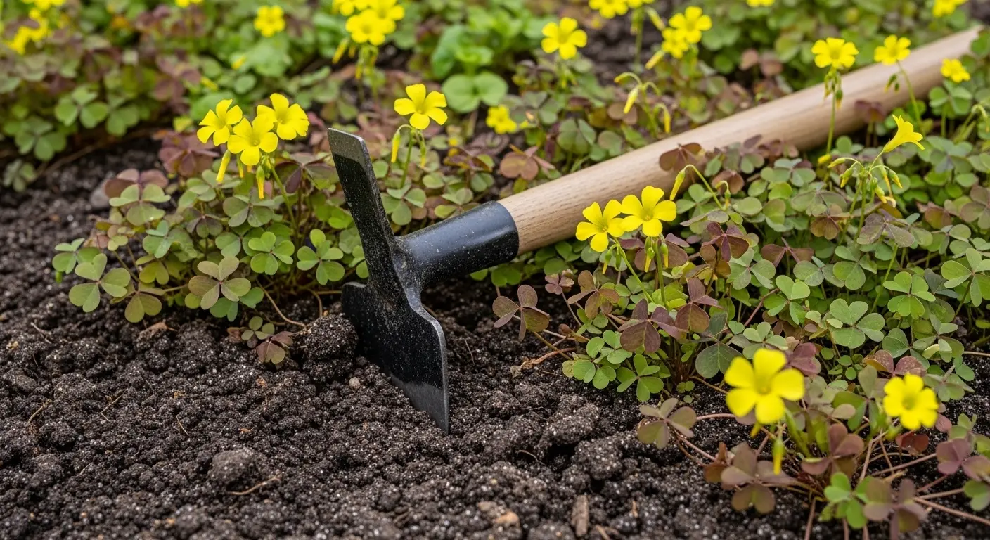Outils pour éliminer les oxalis : serfouette à bec étroit et désherbeur thermique posés sur le sol d'un jardin envahi d'oxalis
