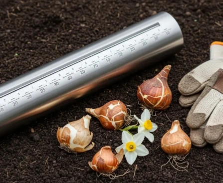 Outils pour planter des bulbes en automne : plantoir gradué en acier inox et gants de jardinage posés sur un sol de jardin avec des bulbes de tulipes
