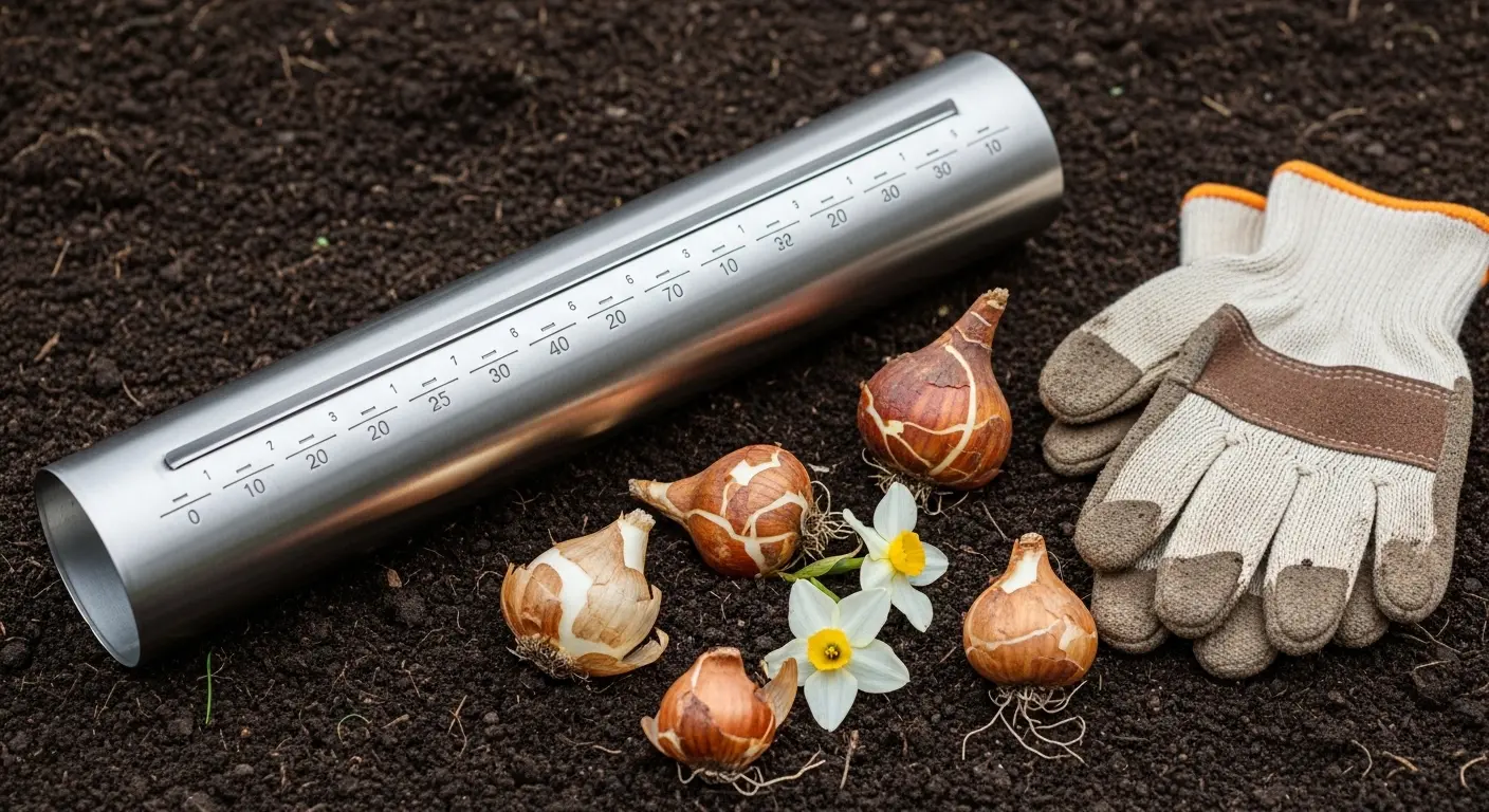 Outils pour planter des bulbes en automne : plantoir gradué en acier inox et gants de jardinage posés sur un sol de jardin avec des bulbes de tulipes