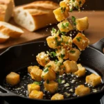 Croûtons de pain rassis dorés dans une poêle en fonte avec de l'huile d'olive et des herbes