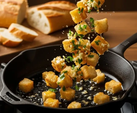 Croûtons de pain rassis dorés dans une poêle en fonte avec de l'huile d'olive et des herbes