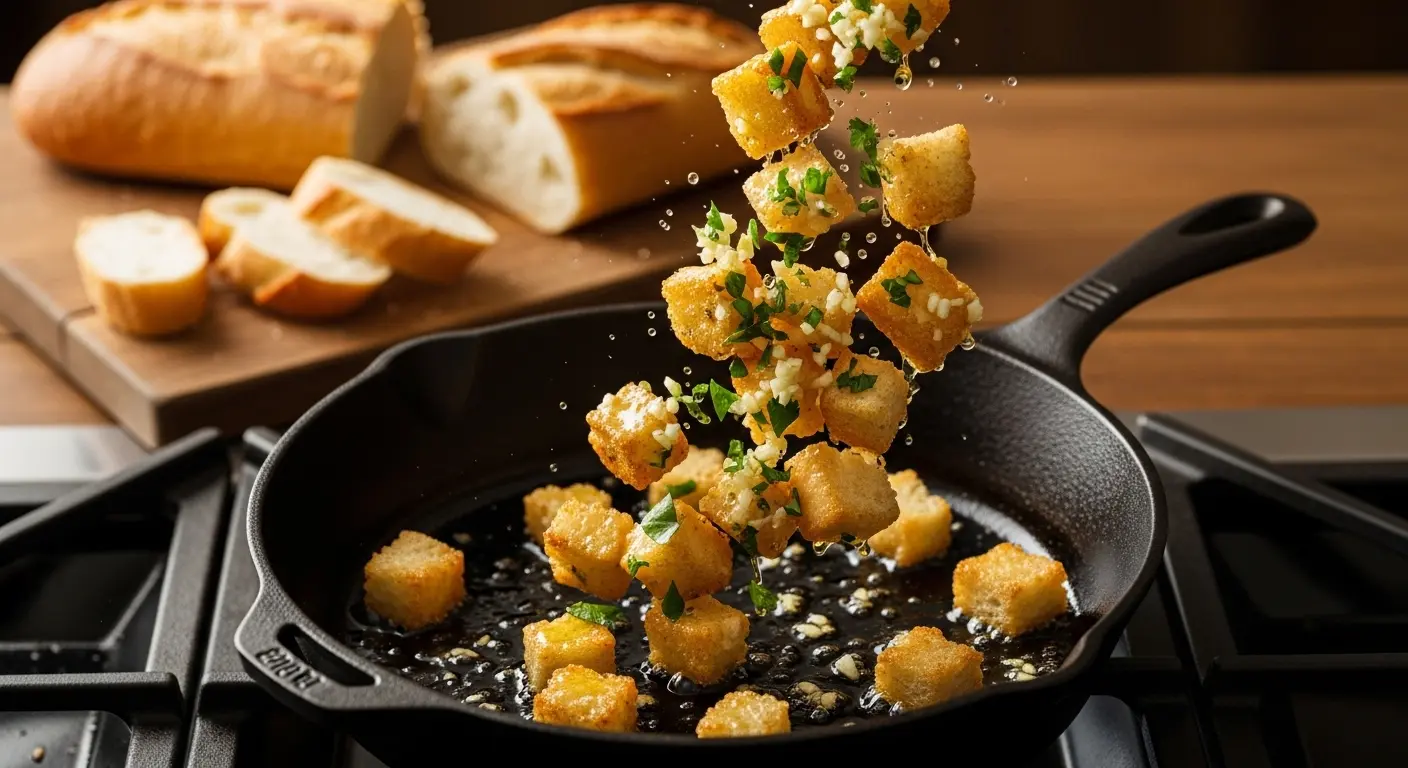 Croûtons de pain rassis dorés dans une poêle en fonte avec de l'huile d'olive et des herbes