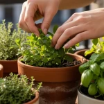 Mains qui cueillent des feuilles de menthe fraîche dans un pot sur un balcon ensoleillé