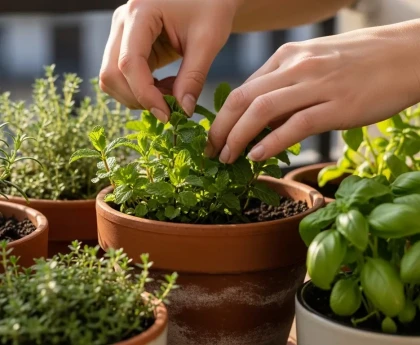 Mains qui cueillent des feuilles de menthe fraîche dans un pot sur un balcon ensoleillé