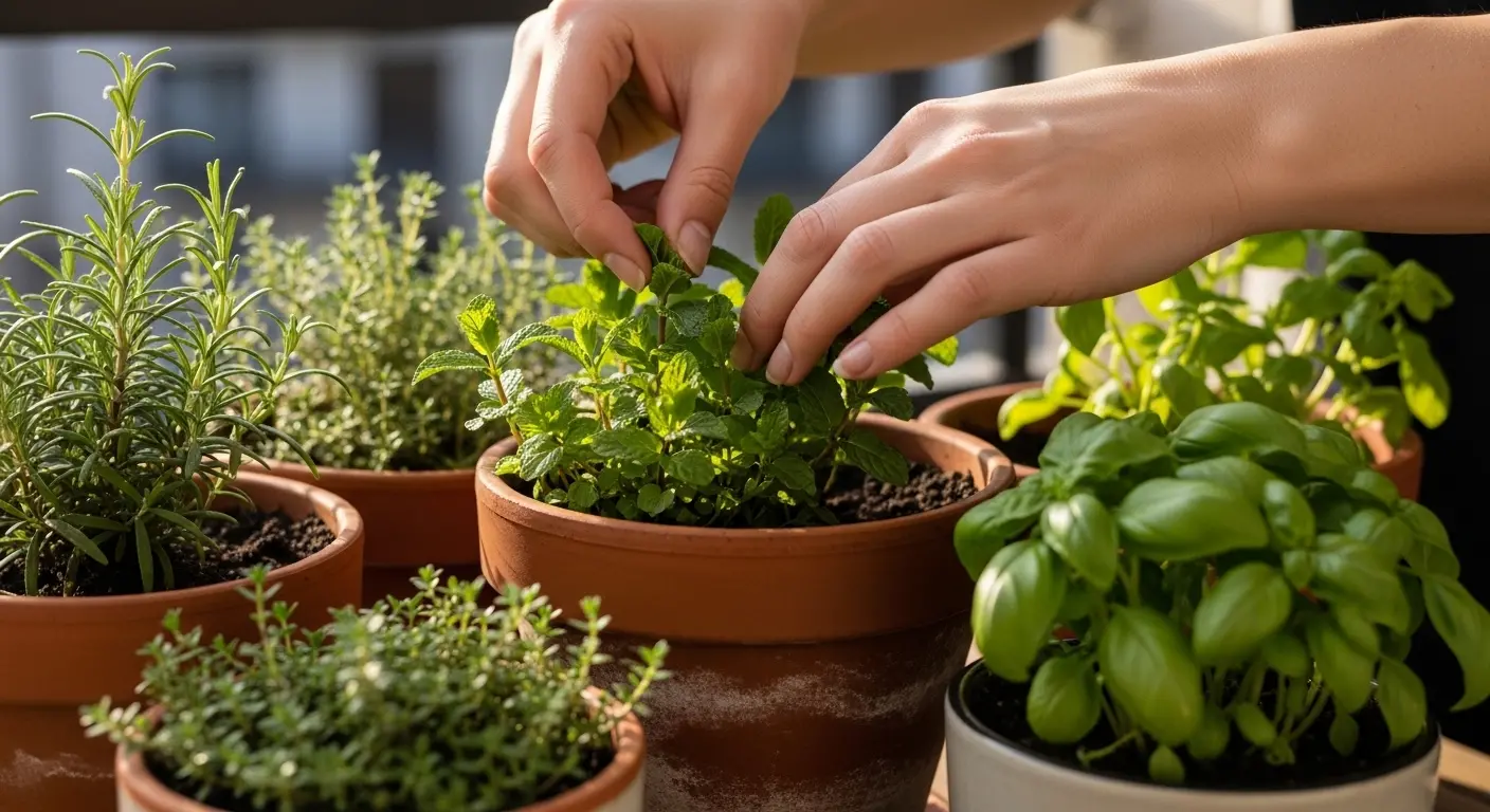 Mains qui cueillent des feuilles de menthe fraîche dans un pot sur un balcon ensoleillé