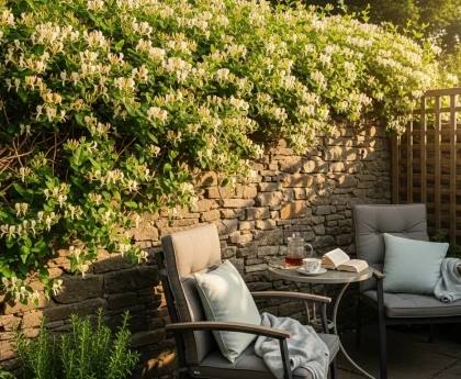 Terrasse de jardin avec un mur recouvert de chèvrefeuille en fleurs blanches et jaunes
