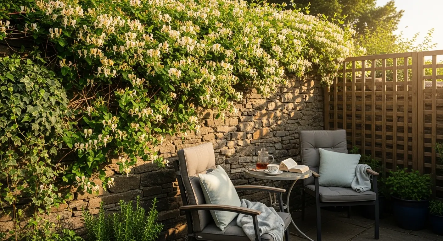 Terrasse de jardin avec un mur recouvert de chèvrefeuille en fleurs blanches et jaunes