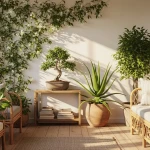 Vue d'ensemble d'une véranda bien aménagée avec différentes plantes pour véranda disposées selon la lumière