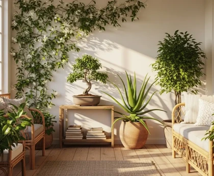 Vue d'ensemble d'une véranda bien aménagée avec différentes plantes pour véranda disposées selon la lumière