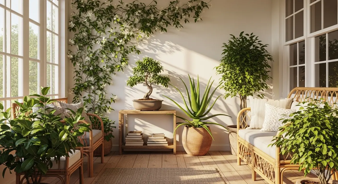 Vue d'ensemble d'une véranda bien aménagée avec différentes plantes pour véranda disposées selon la lumière