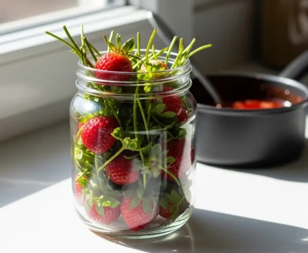 Queues de fraises dans un bocal en verre avec du sirop rouge en arrière-plan