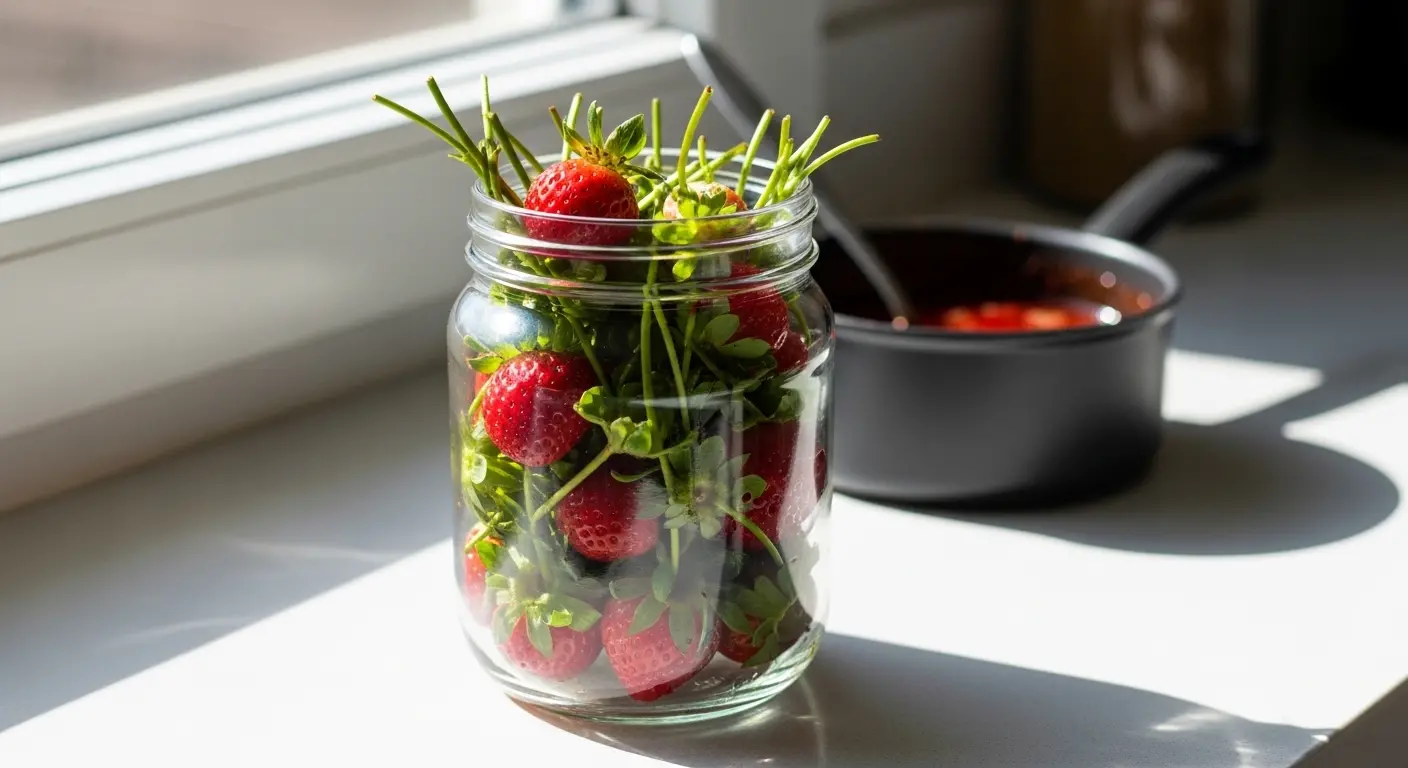 Queues de fraises dans un bocal en verre avec du sirop rouge en arrière-plan