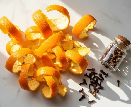 Écorces d'orange séchées et fraîches disposées sur une table en bois avec un bocal et du vinaigre blanc pour recycler les écorces d'orange