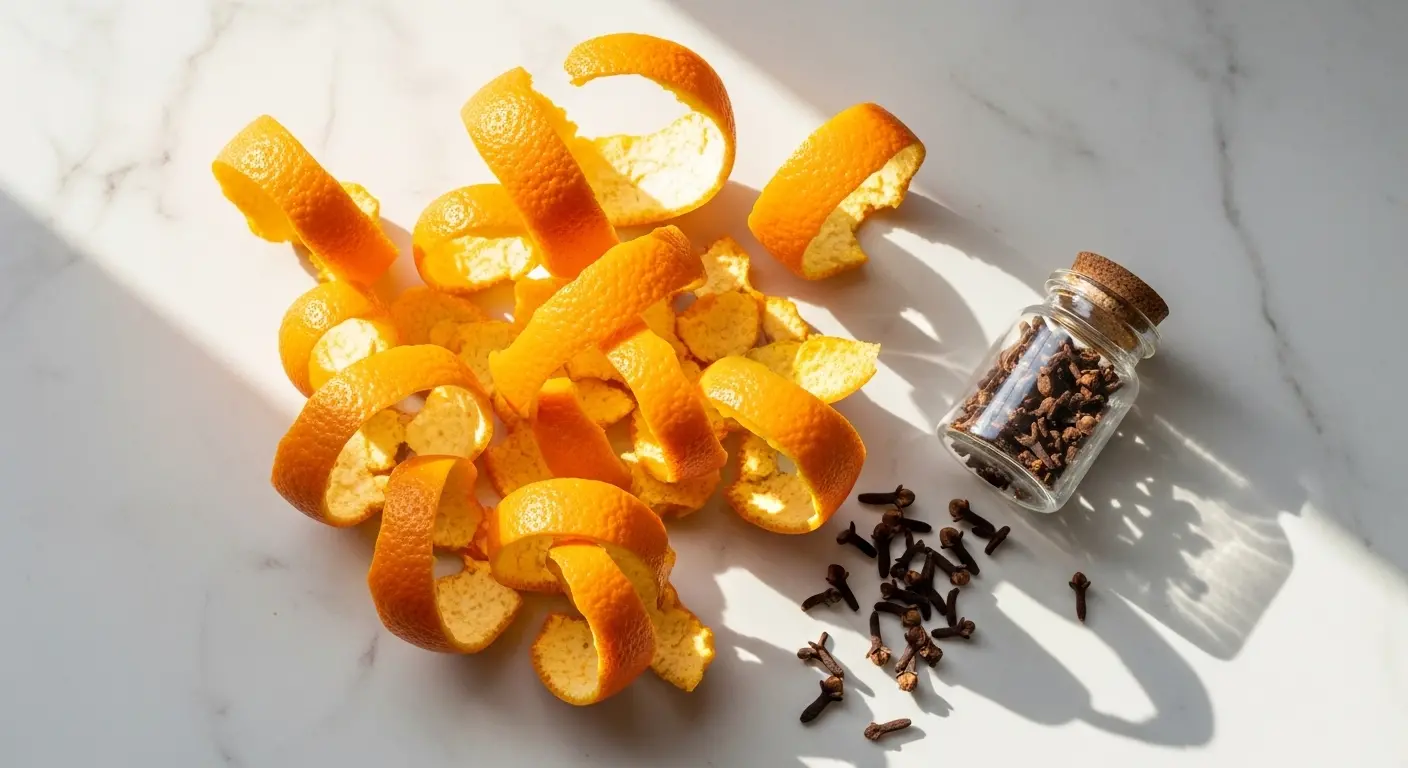 Écorces d'orange séchées et fraîches disposées sur une table en bois avec un bocal et du vinaigre blanc pour recycler les écorces d'orange
