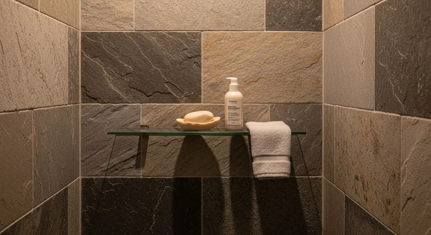 produits de soin peau devant une douche à l'italienne ouverte dans une salle de bains naturelle