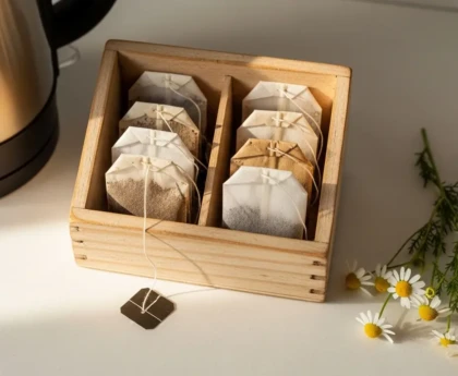 Sachets de thé usagés séchés dans une petite boîte hermétique sur un plan de travail en bois