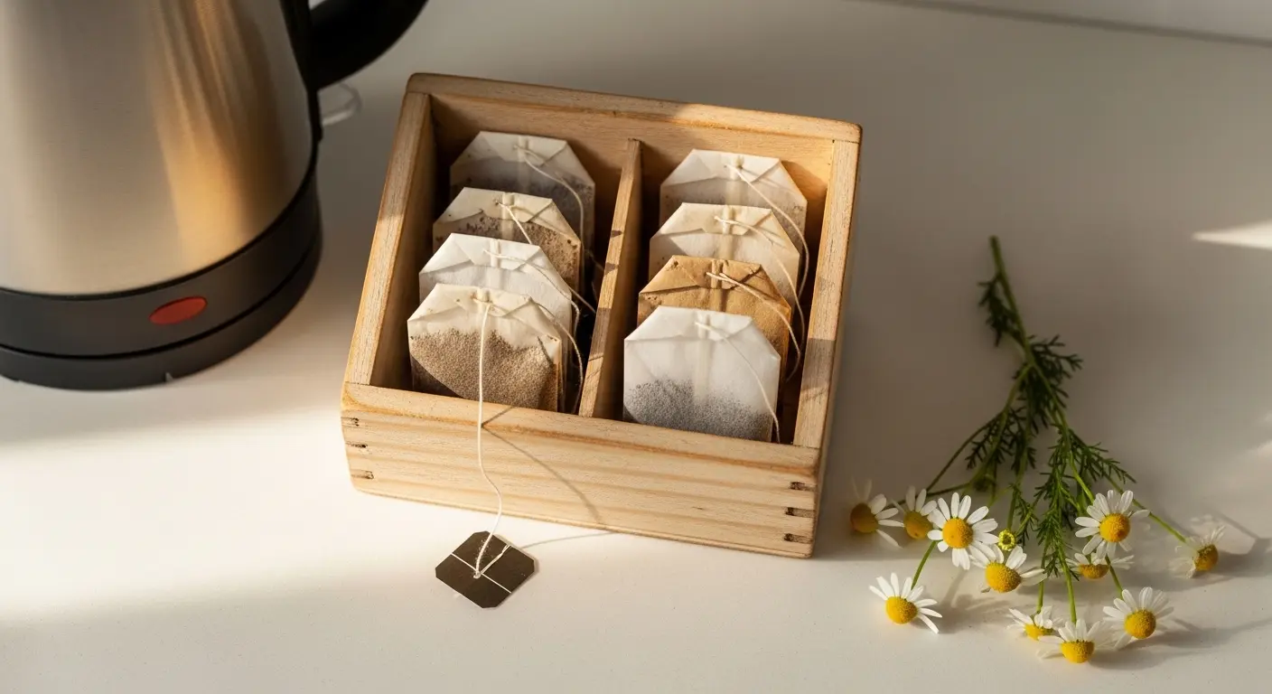 Sachets de thé usagés séchés dans une petite boîte hermétique sur un plan de travail en bois
