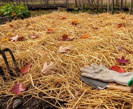 Jardinier qui paille le sol d'un potager après une attaque de mildiou sur ses tomates