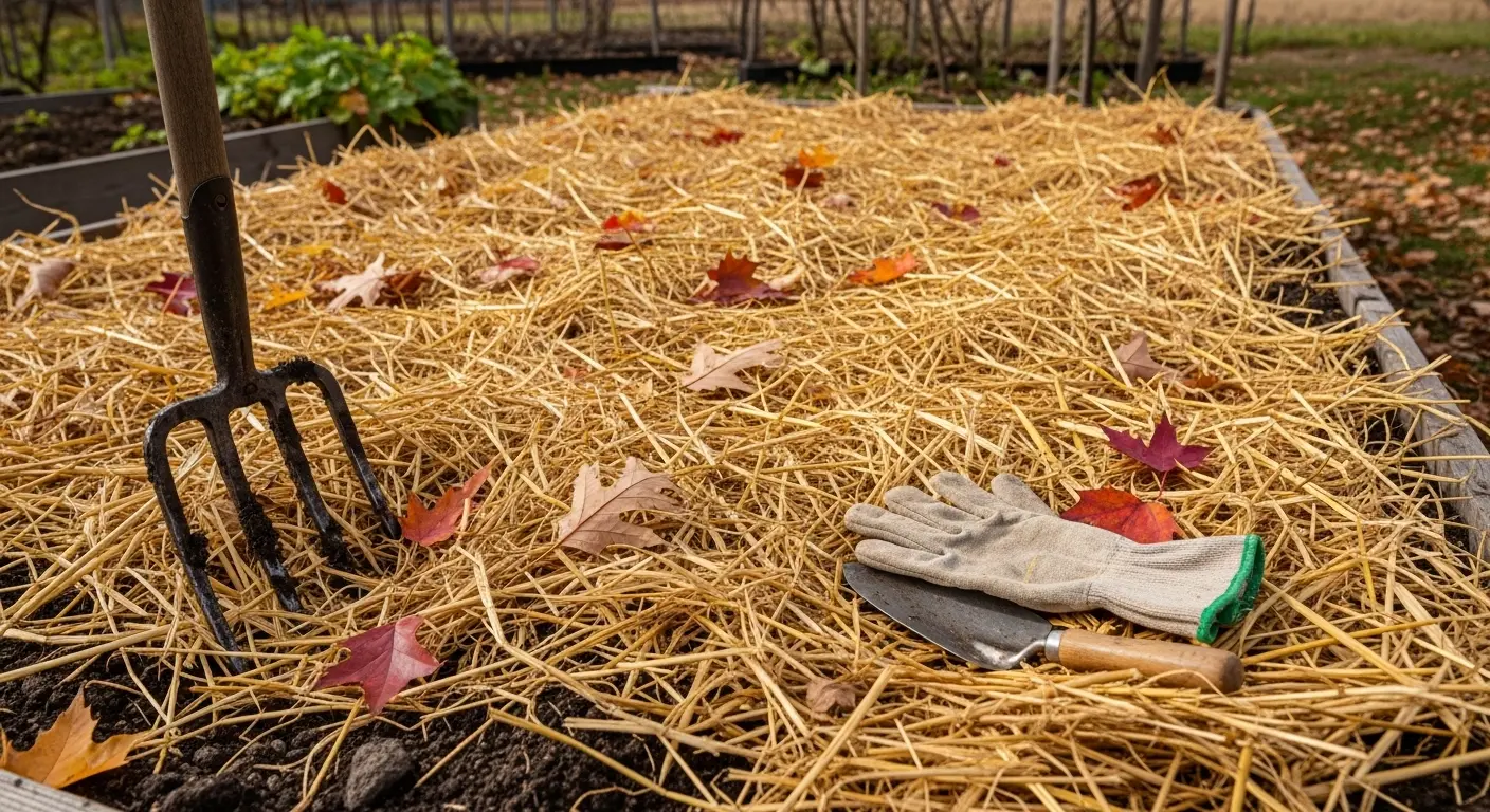 Jardinier qui paille le sol d'un potager après une attaque de mildiou sur ses tomates