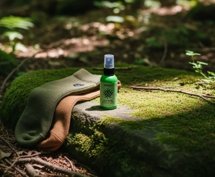 Se protéger des aoûtats en randonnée : spray répulsif naturel et chaussettes montantes portés lors d'une balade en forêt