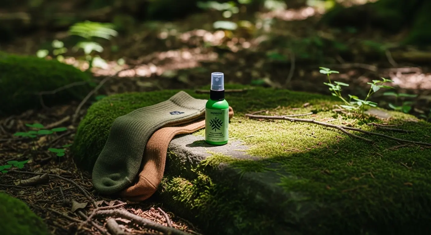 Se protéger des aoûtats en randonnée : spray répulsif naturel et chaussettes montantes portés lors d'une balade en forêt
