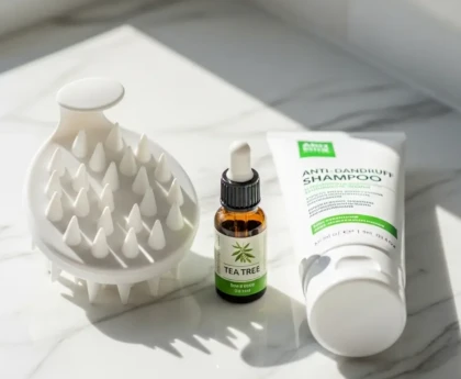 Soins capillaires contre les pellicules : brosse massante en silicone, shampoing spécialisé et huile essentielle de tea tree sur surface blanche