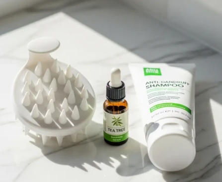Soins capillaires contre les pellicules : brosse massante en silicone, shampoing spécialisé et huile essentielle de tea tree sur surface blanche