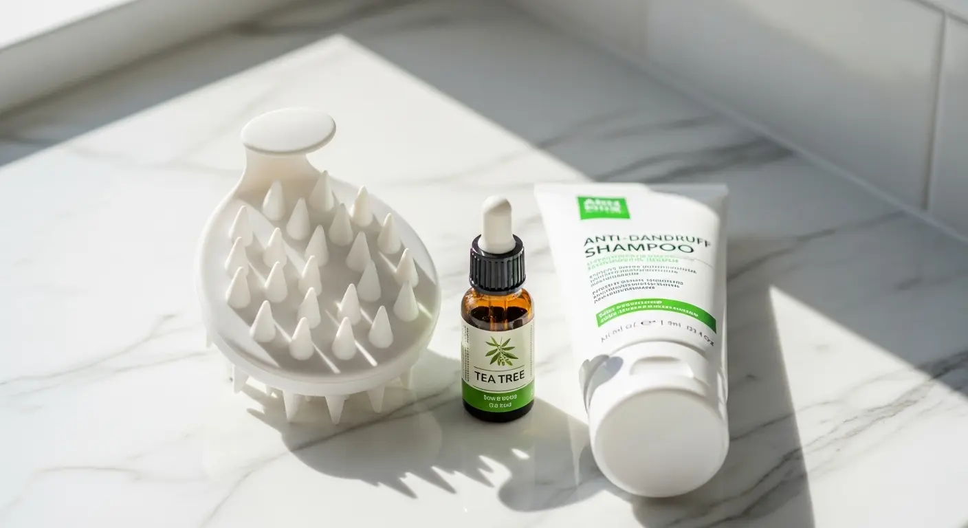 Soins capillaires contre les pellicules : brosse massante en silicone, shampoing spécialisé et huile essentielle de tea tree sur surface blanche